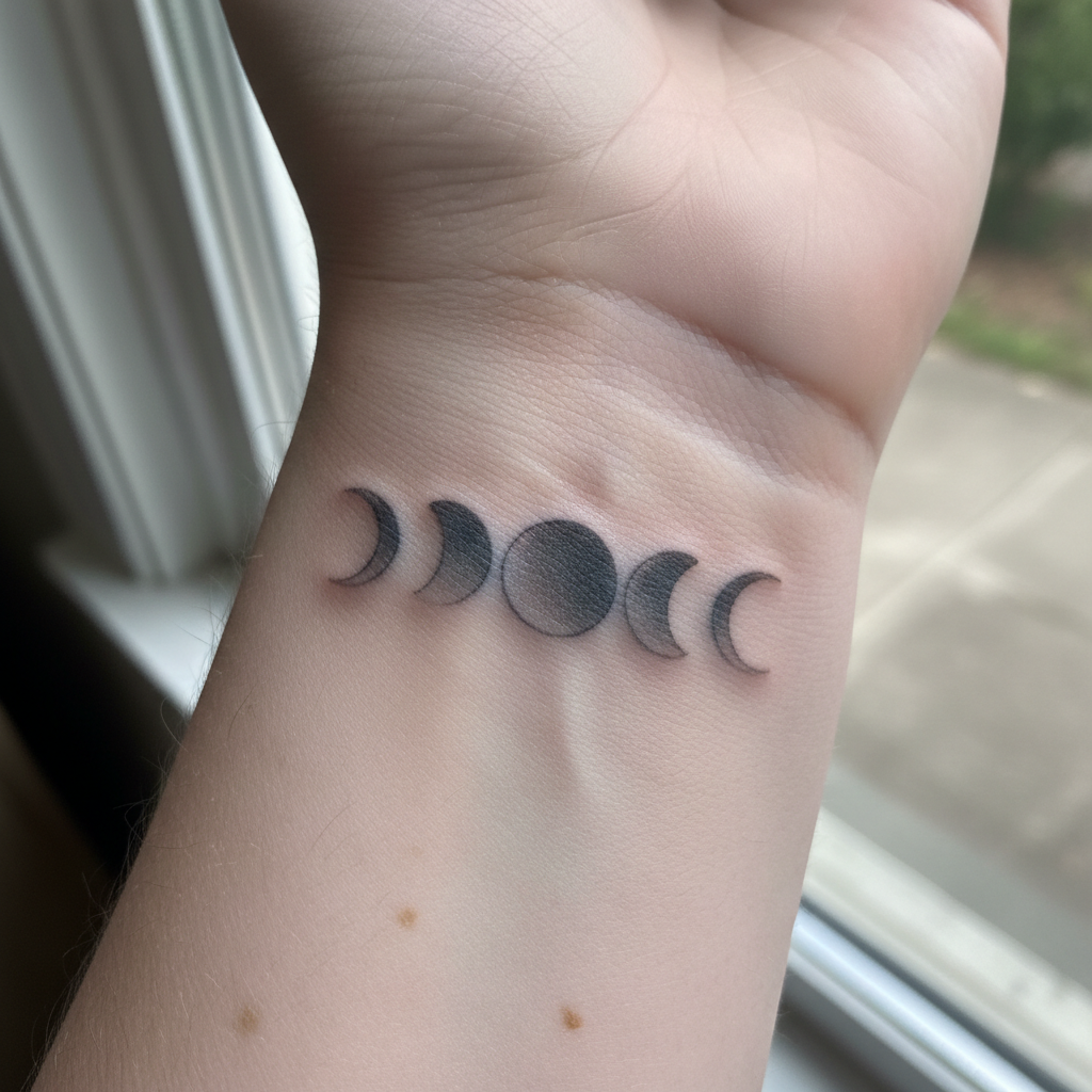 Fine-line moon phase tattoo on wrist, healed and softened