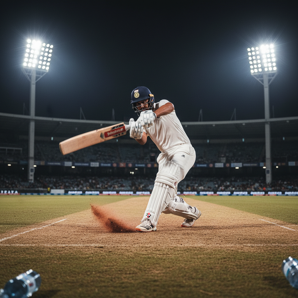 Bowler at delivery stride on cricket pitch, low light, dark background, motion blur on bowling arm