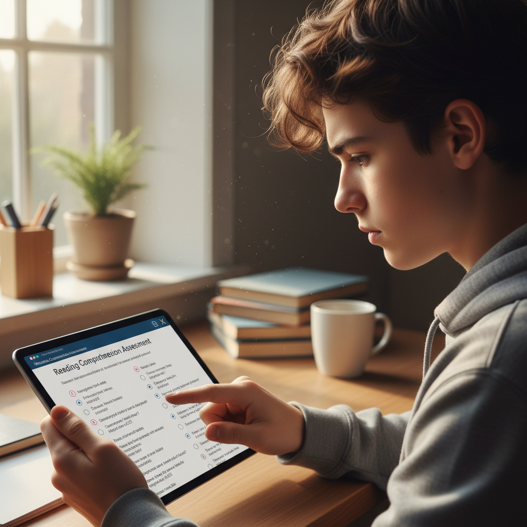 Student taking quick diagnostic assessment on tablet at start of online math class