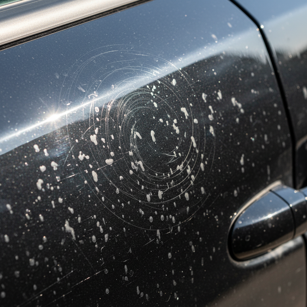 Black car door with heavy swirl marks and water spot etching visible in sunlight