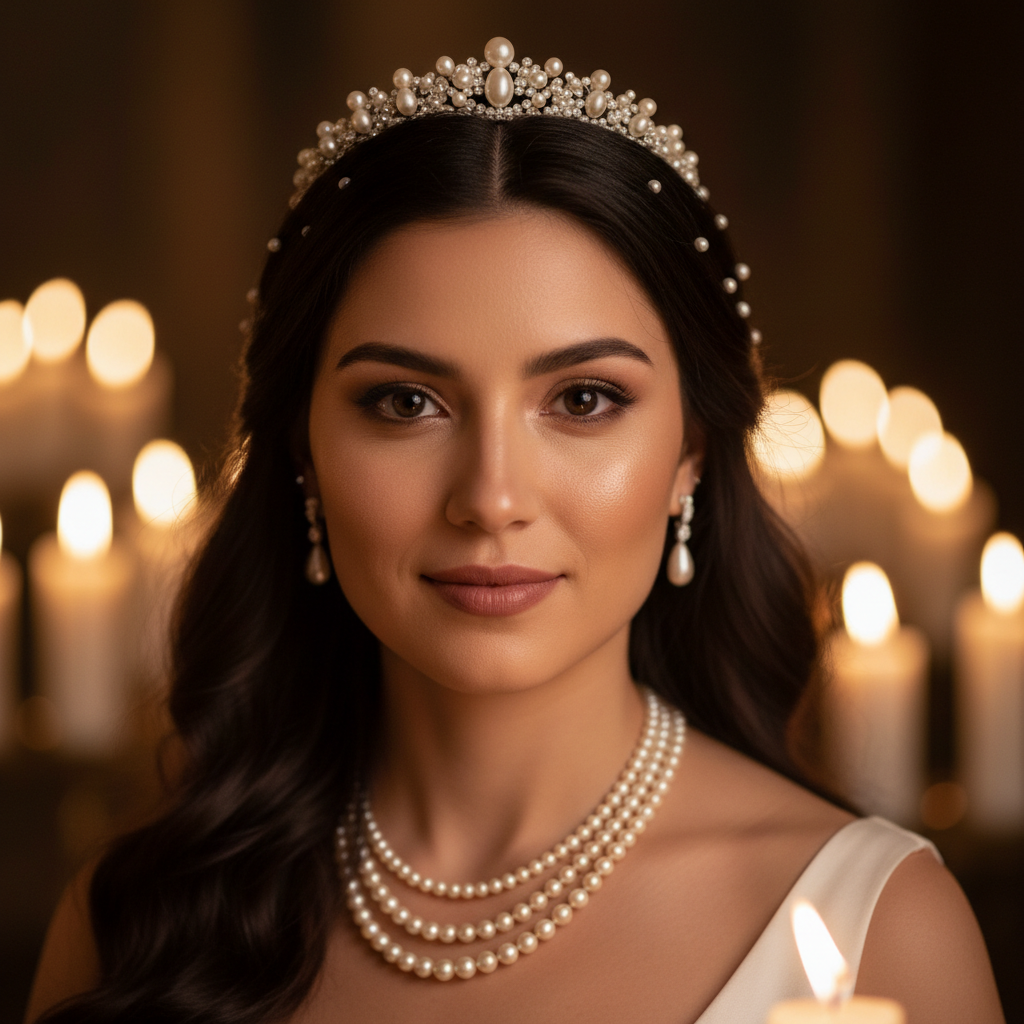 Bride with dark hair wearing pearl jewelry, soft candlelit background
