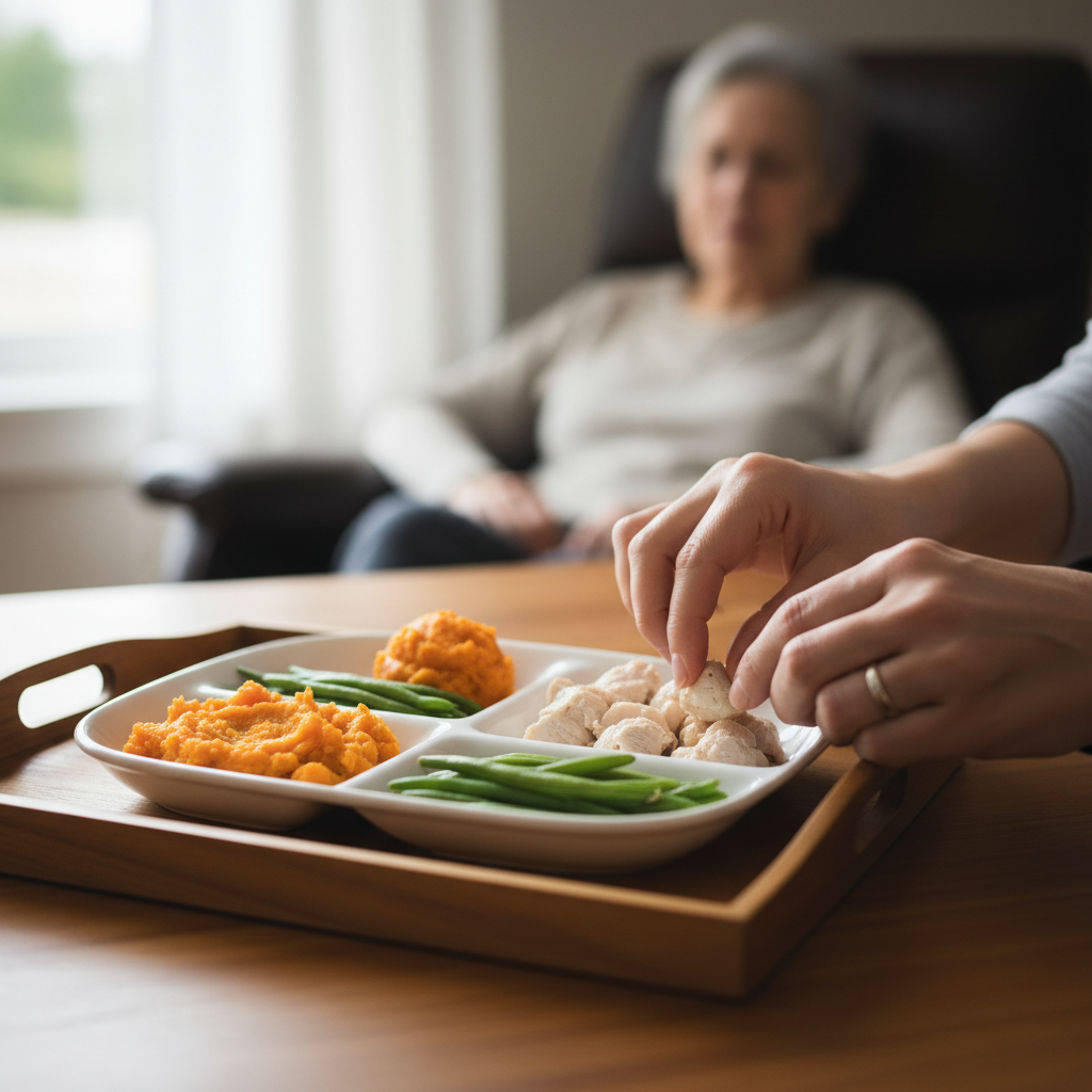 Caregiver preparing a carefully portioned meal for stroke recovery patient