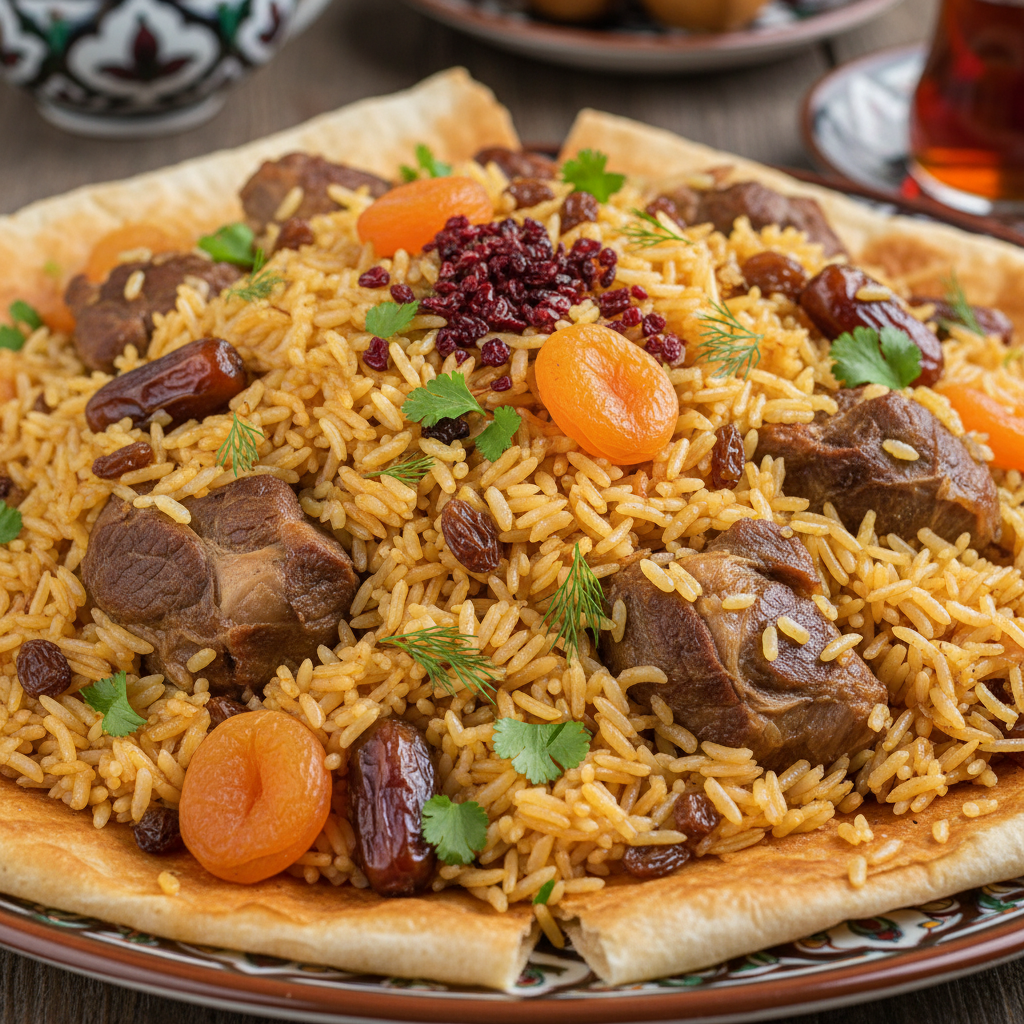 Saffron plov rice with lamb ribs and whole garlic heads in cast iron pot