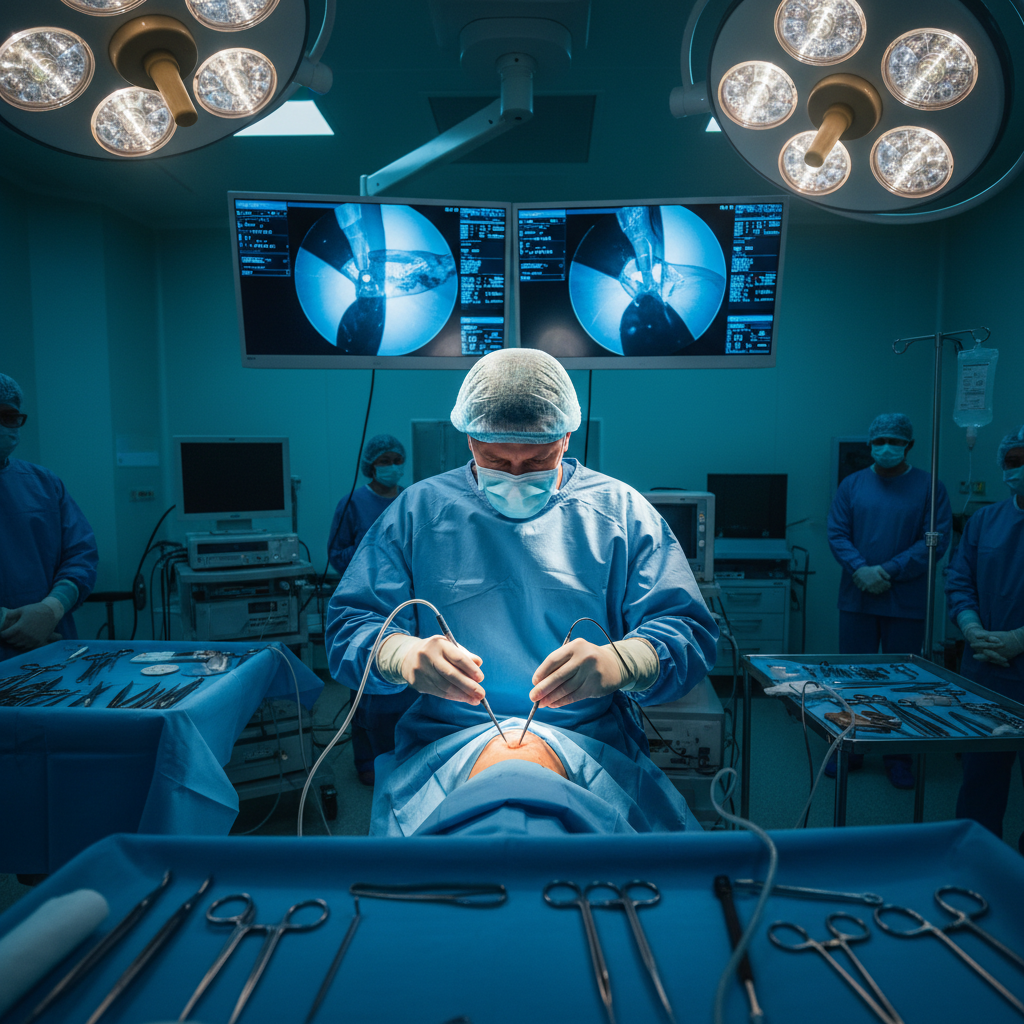 Arthroscopic view of knee joint interior showing meniscus repair procedure on surgical monitor in operating room