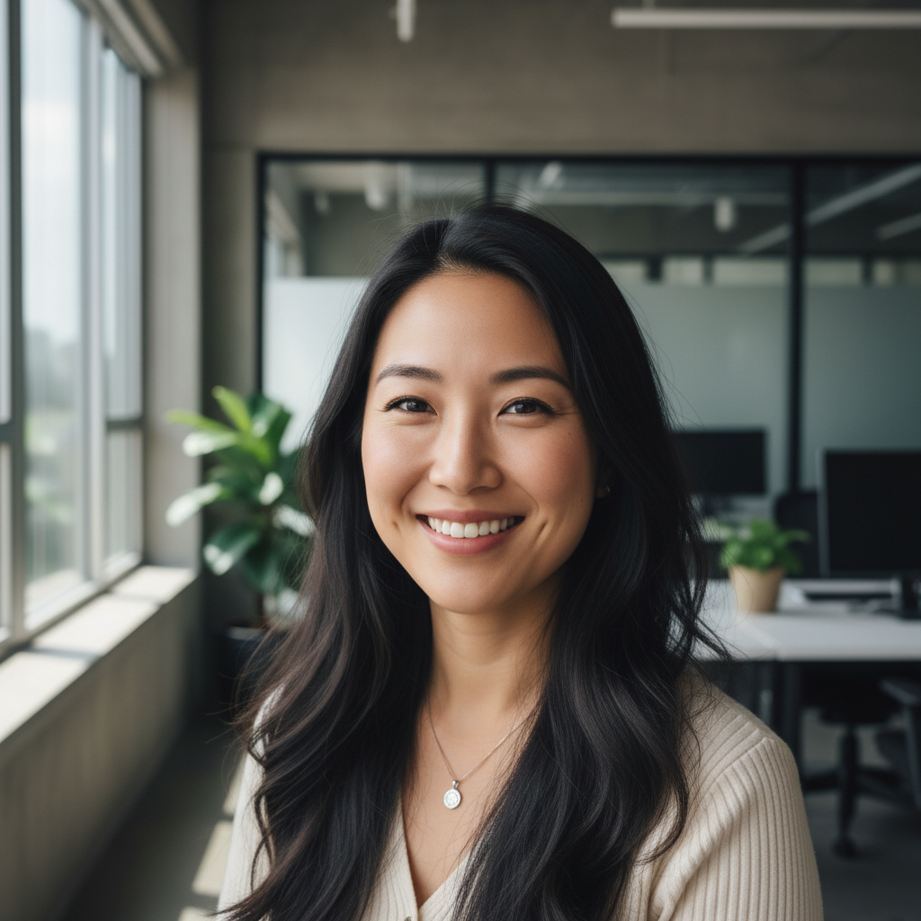 Professional portrait of Asian woman with long dark hair in grey blazer smiling warmly in modern workspace