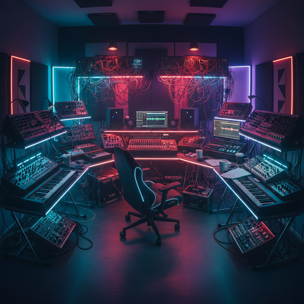 Electronic music studio with synthesizers, mixing board, and colorful LED lighting