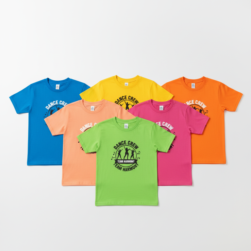 Matching crew neck tees for kids dance team in bright studio