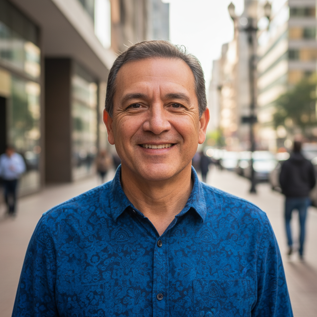 Portrait of Andres Mejia, young Colombian man in professional attire smiling