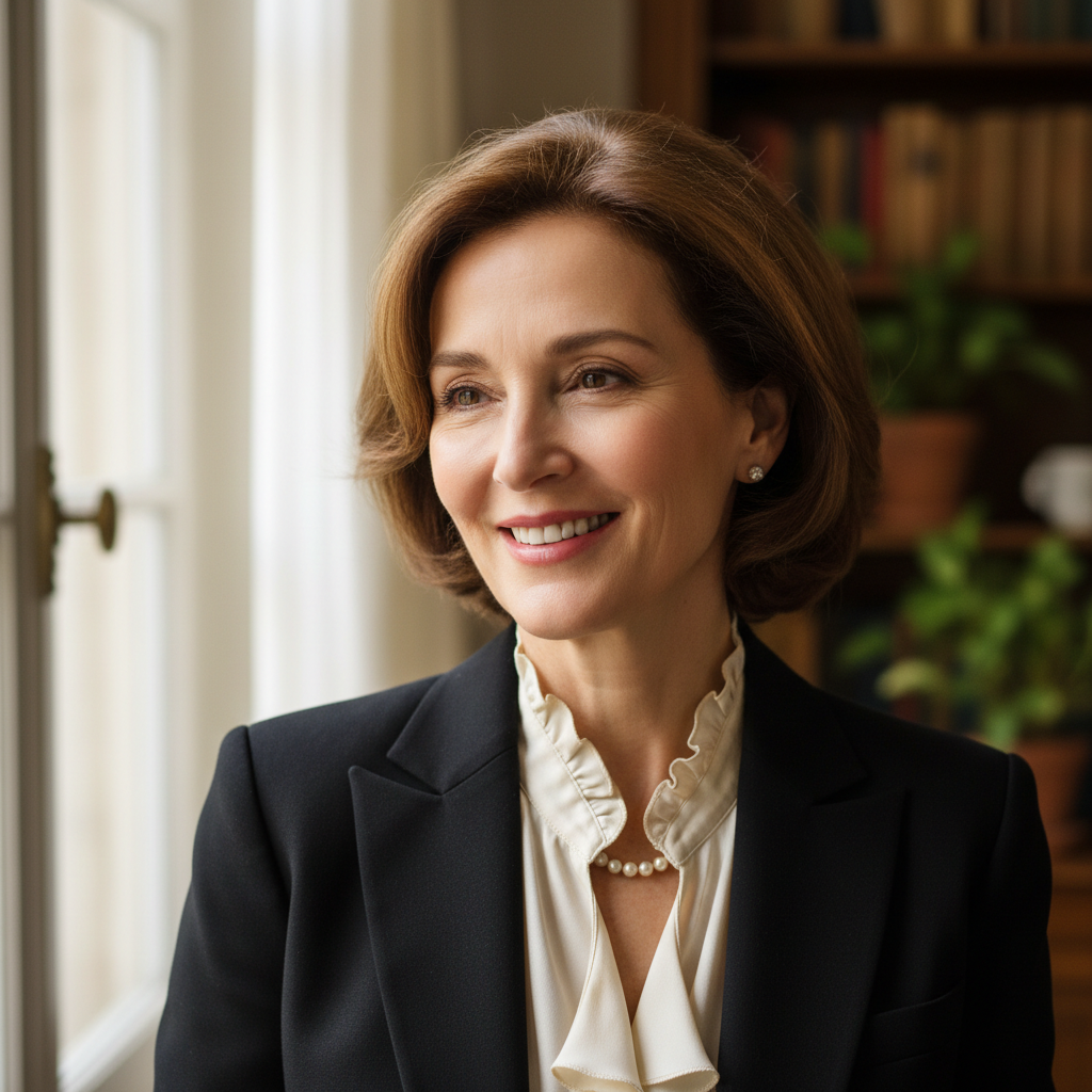 Elegant French woman with sophisticated style and warm smile