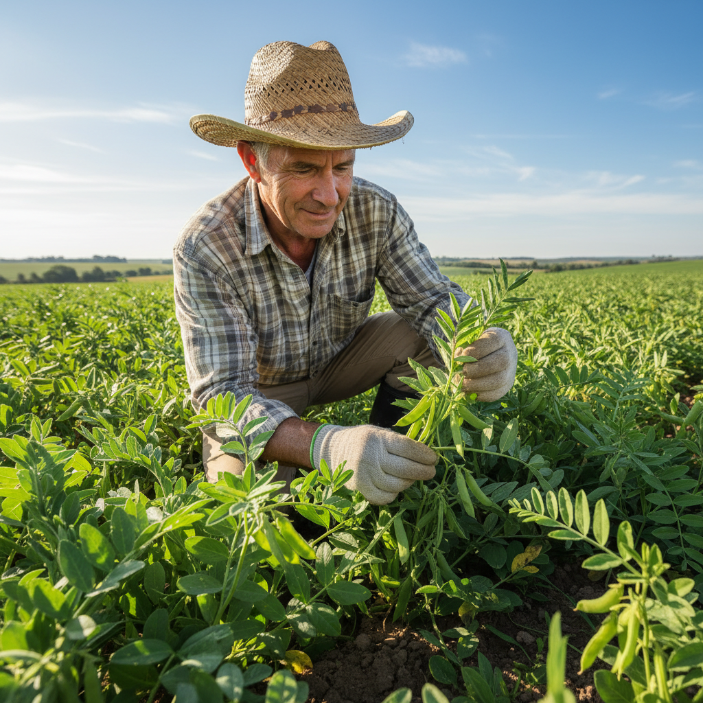 Farmer in straw hat inspecting organic vegetable crops in sunlit field with quality produce