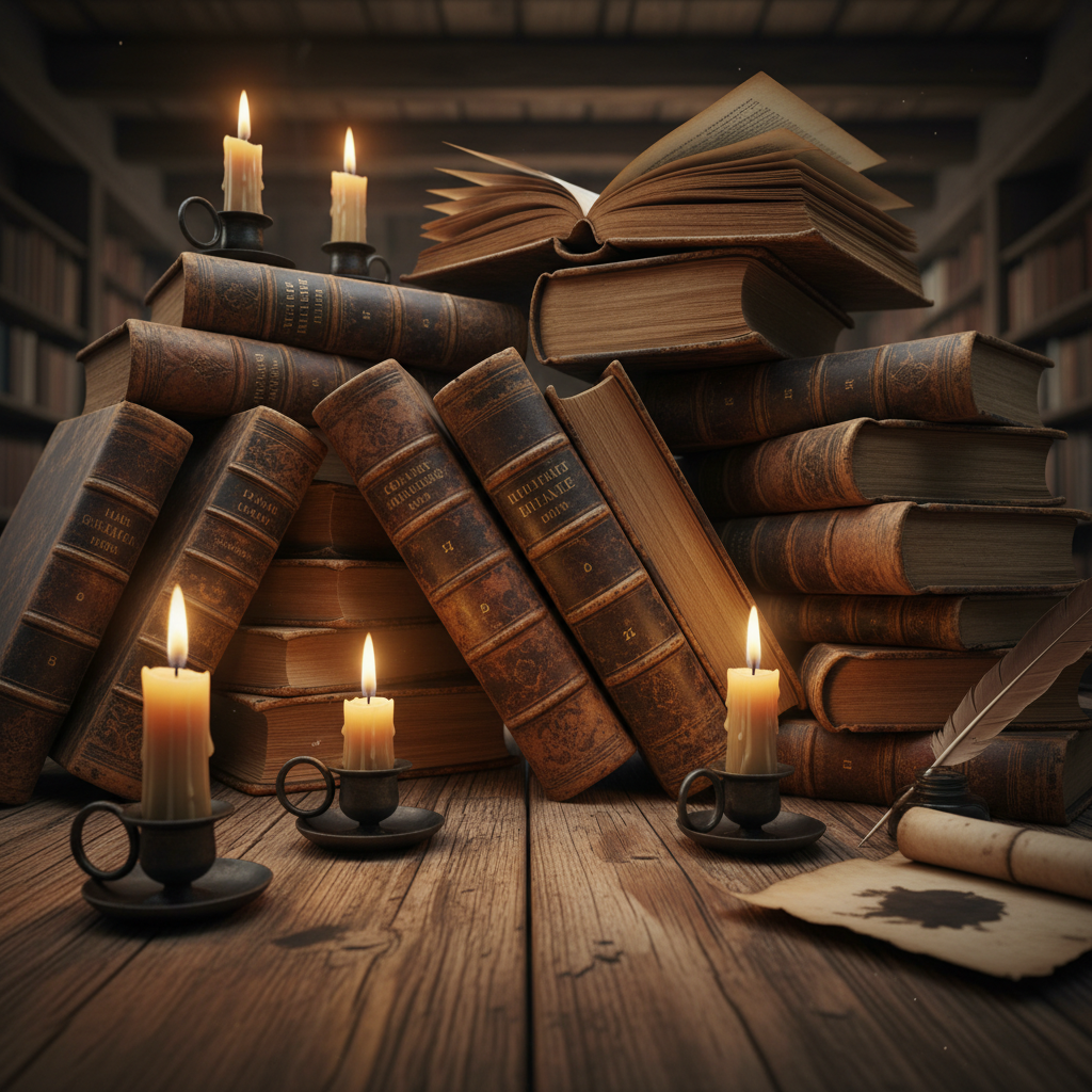 Stack of old leather-bound books on dark wooden table, warm candlelight, scholarly atmosphere, deep shadows