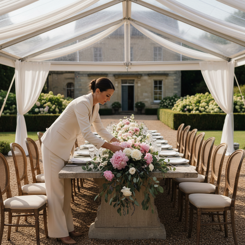 Coordinator adjusting floral centerpiece on stone estate table before guests arrive