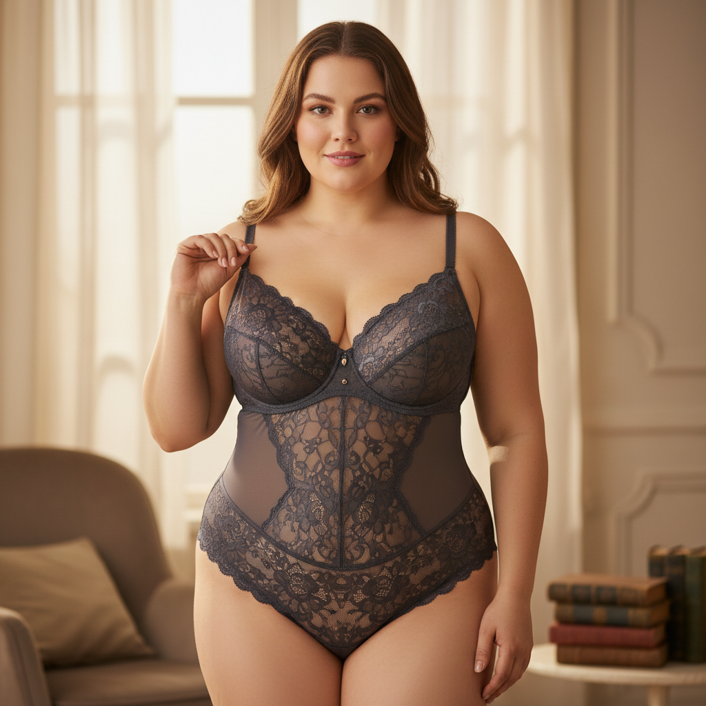 Curvy model in elegant black lace lingerie set, soft studio lighting, confident editorial pose