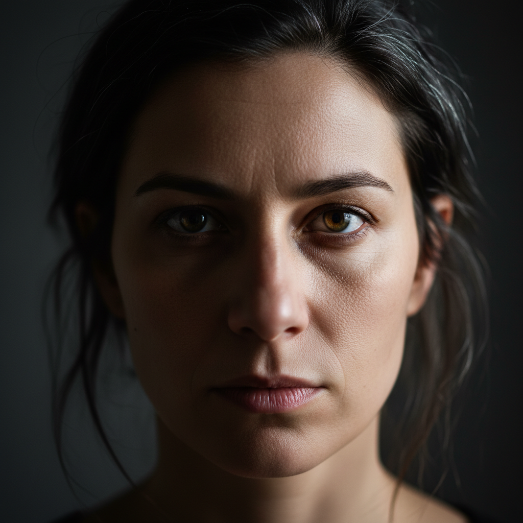 Actor headshot — woman with piercing look, high contrast lighting
