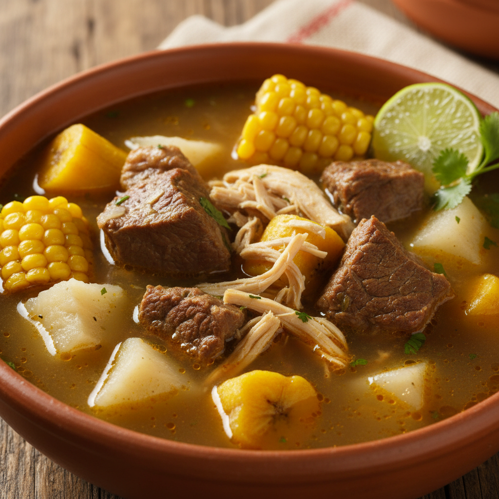 Plato de sancocho paisa con yuca papa y mazorca