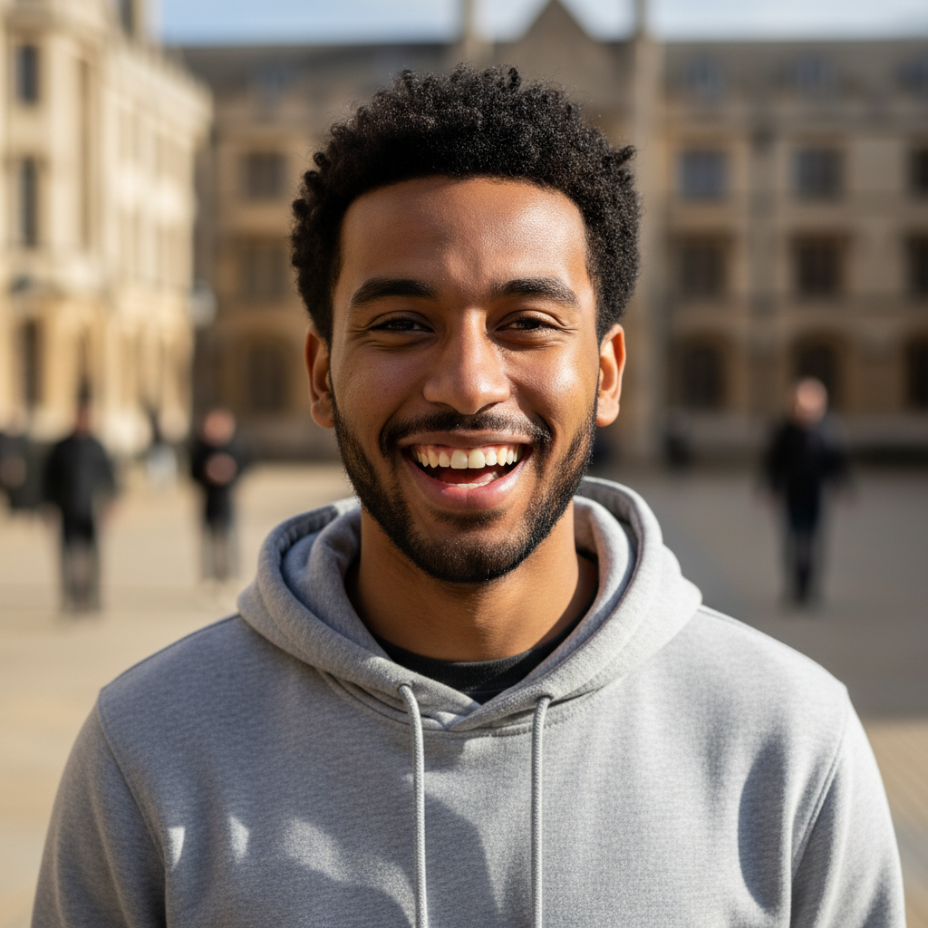 Ben Adeyemi, young man in a grey hoodie smiling broadly outside after passing his driving test