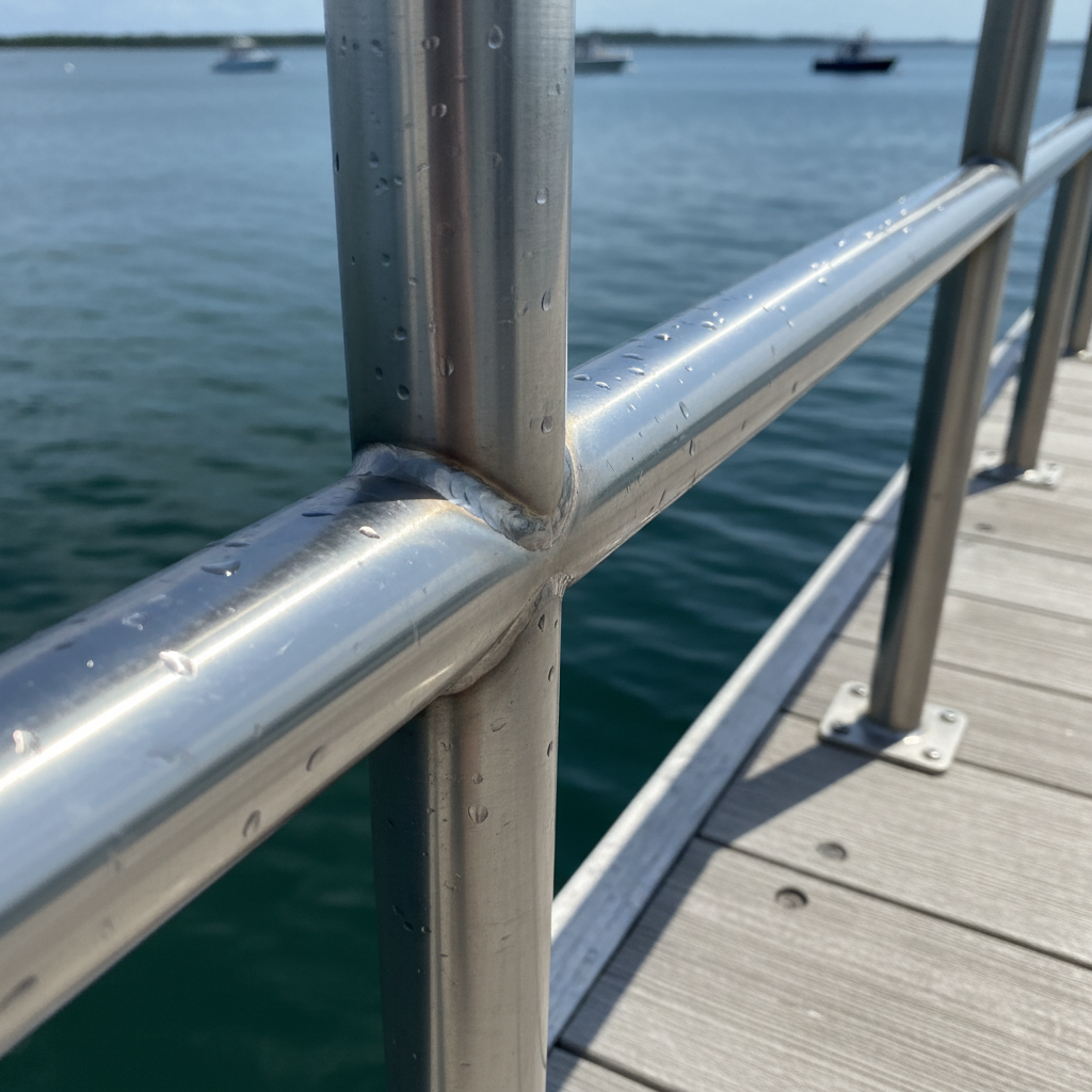 Stainless steel dock railing after TIG weld — passivated, mirror finish, marine grade