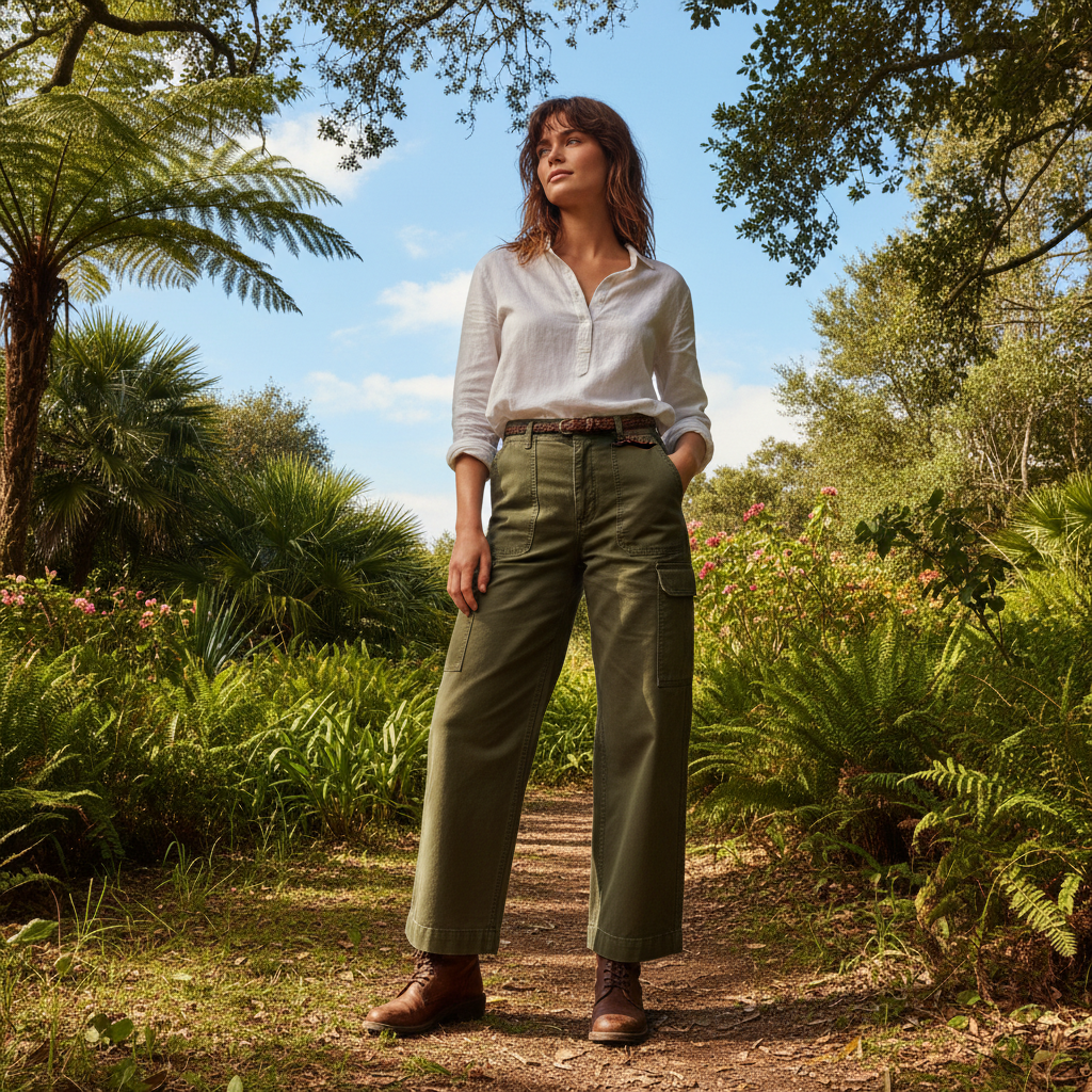 Model wearing wide-leg trousers outdoors, walking on clean pavement, overcast sky background