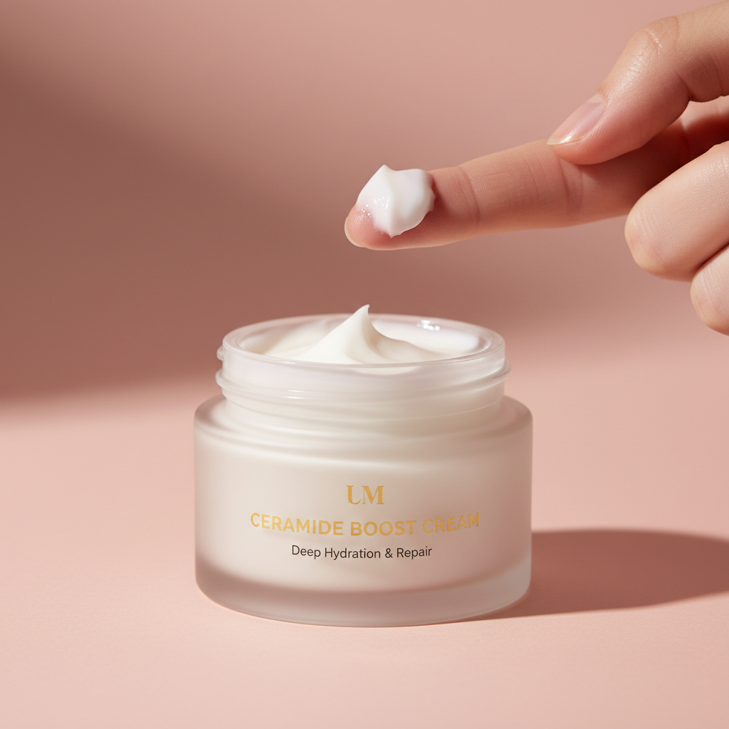 White jar of ceramide cream with minimalist label on lavender background