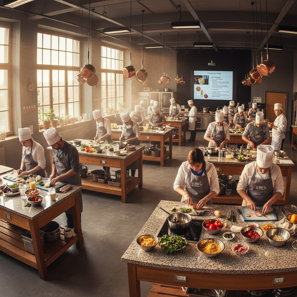 Executive chef in dark kitchen, white apron, focused expression, dramatic side lighting, professional kitchen environment