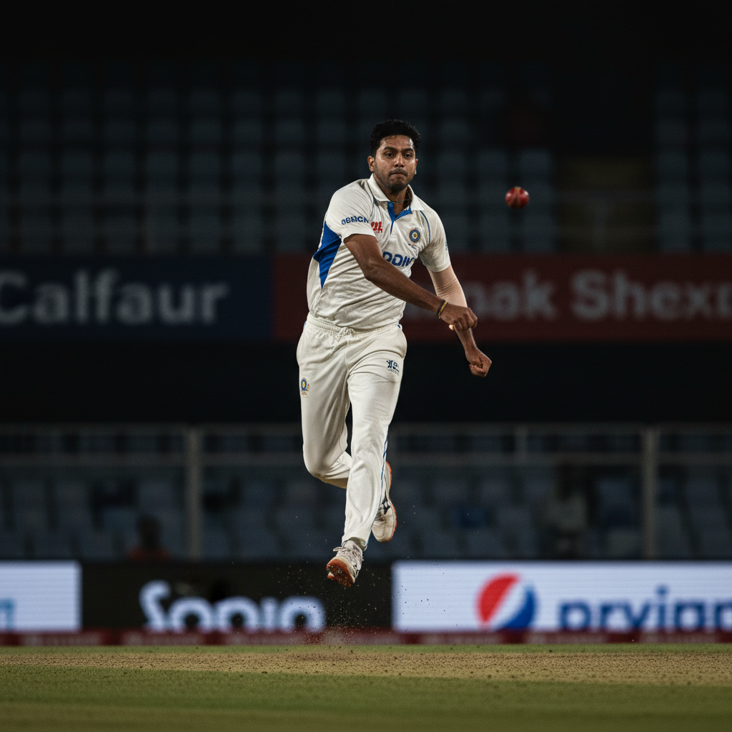 Fast bowler mid-delivery stride on cricket pitch, dramatic low-angle shot, dim stadium lighting, dark turf and shadows