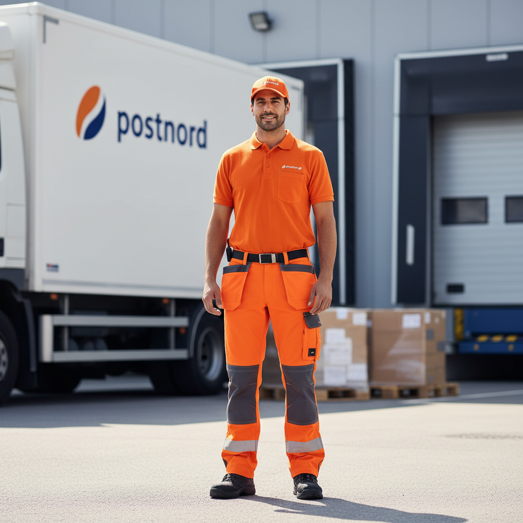 Professioneller LKW-Fahrer steht selbstbewusst neben modernem Scania LKW, Logistikterminal im Hintergrund