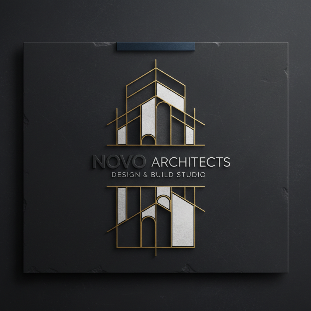 Premium brand identity design spread on dark matte surface with precise typographic layout and architectural composition