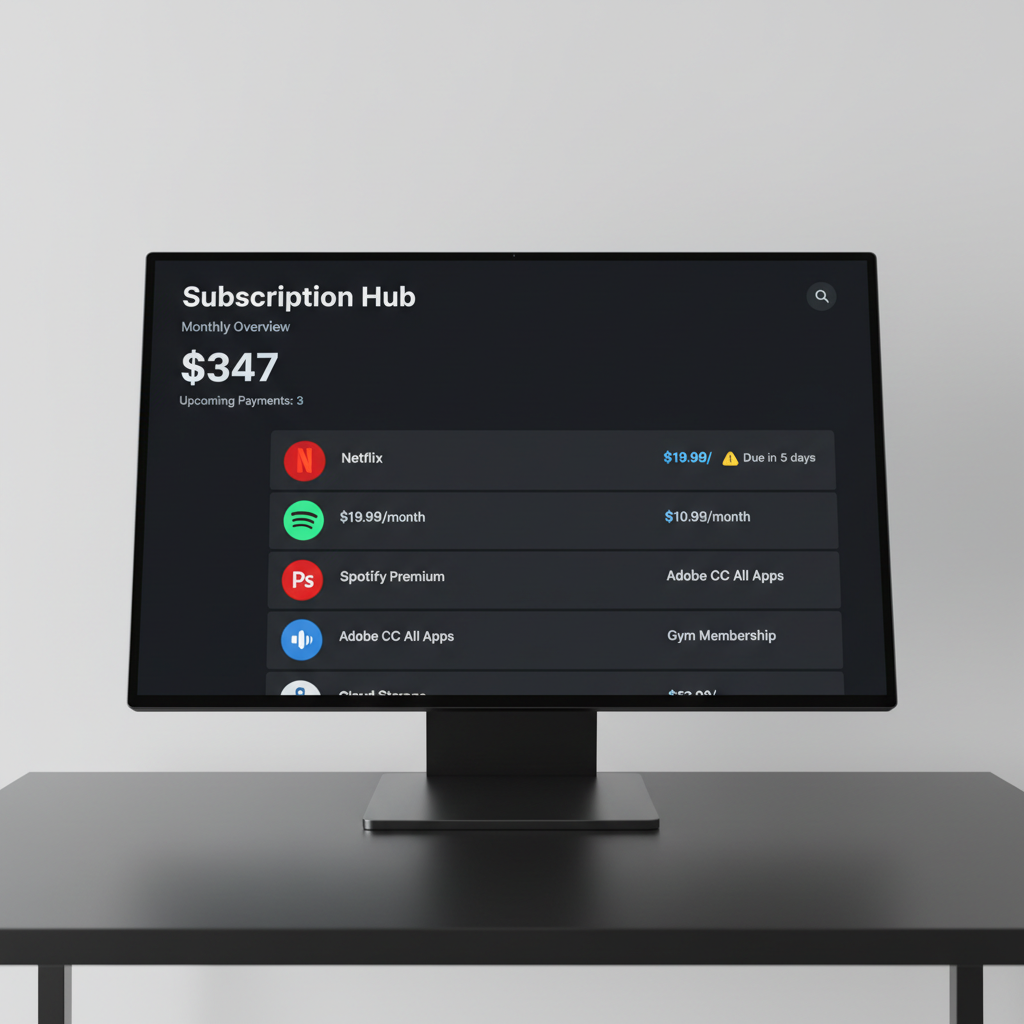 Dashboard analytics screen showing subscription management and spending overview