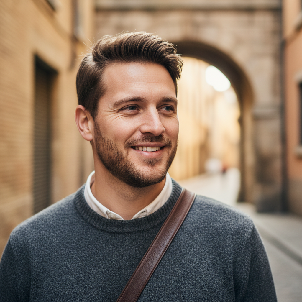 Young man with beard smiling confidently, casual sweater, bright indoor background