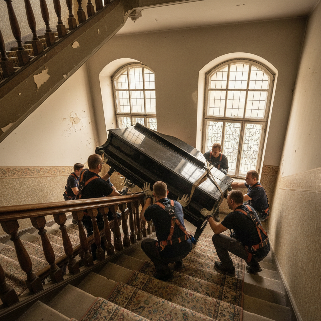 Grand piano being carefully moved through a narrow Altbau stairwell in Berlin Schöneberg