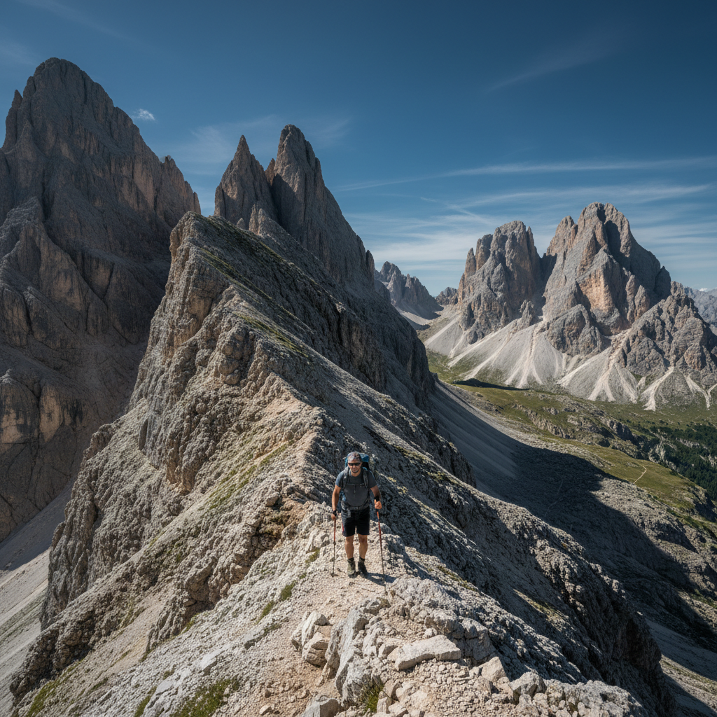 Trekker walking along exposed ridge with dramatic Dolomite peaks on both sides in summer