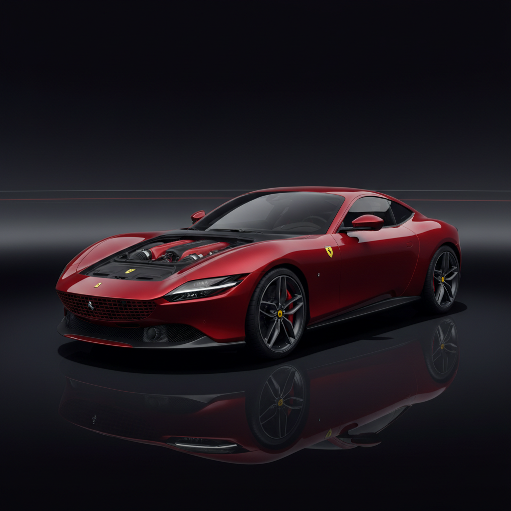 Red Ferrari Roma luxury grand tourer photographed from front three-quarter angle