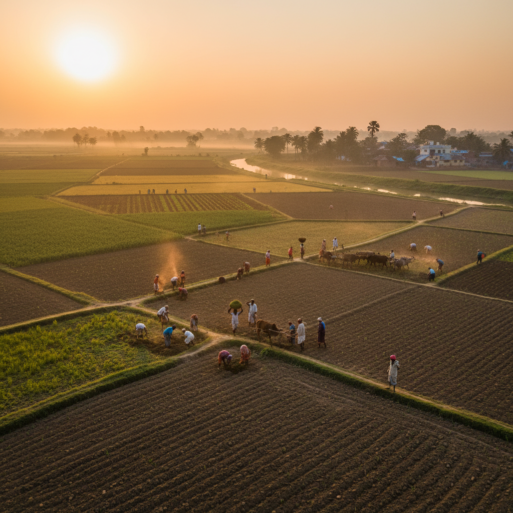 Agricultural fields in Pedavadlapudi village with farmers working in early morning light