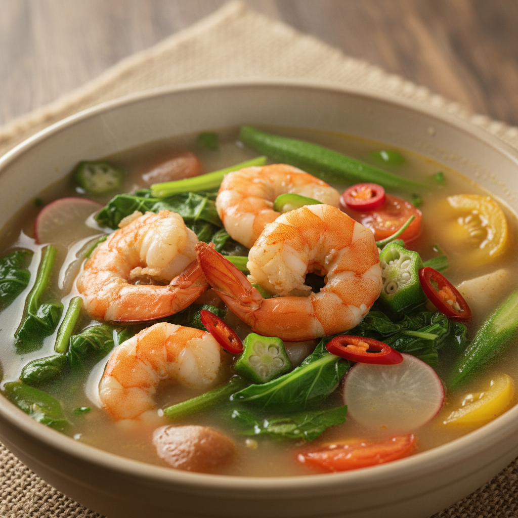 Steaming bowl of Filipino sinigang soup with vegetables, bright morning kitchen, white background