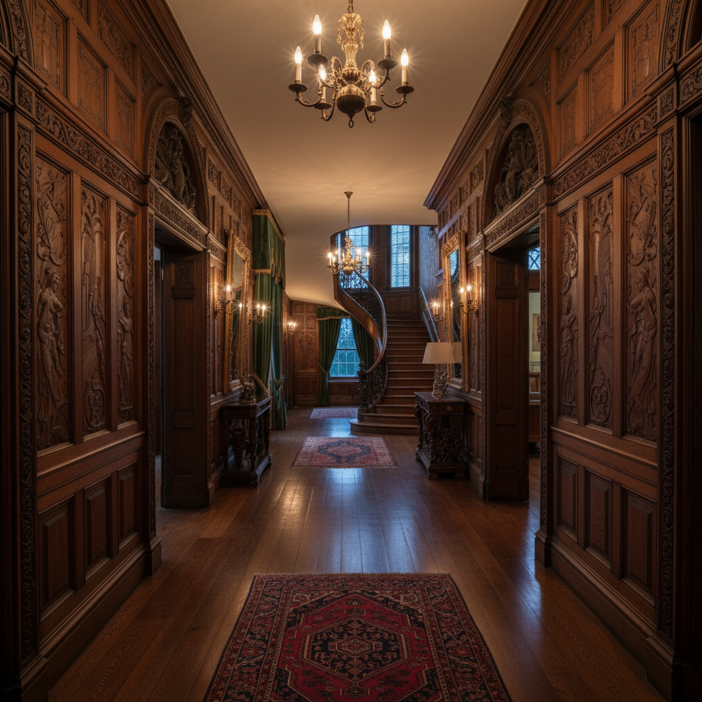 Historic home interior with original wood floors, crown molding, vintage furniture, and warm amber lighting in dim atmospheric space