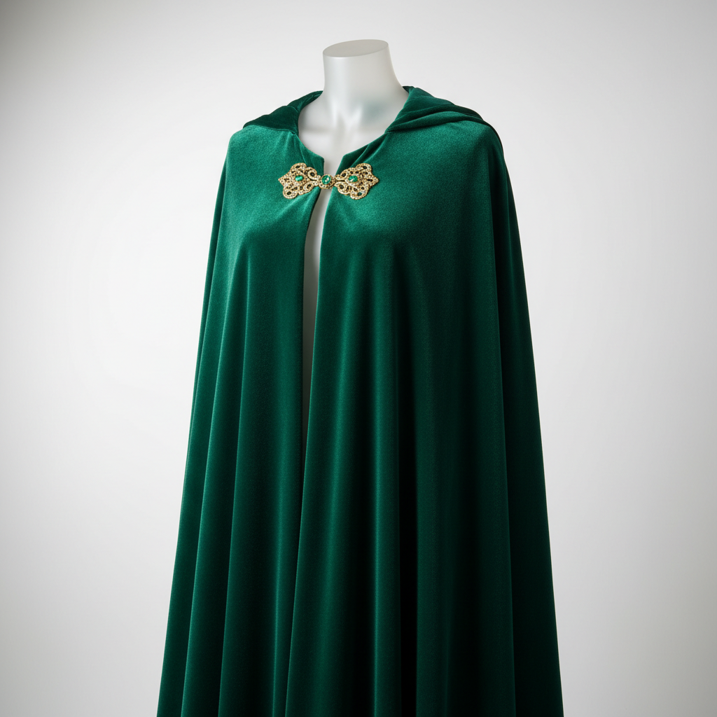 Emerald green velvet cape with gold clasp hanging on display