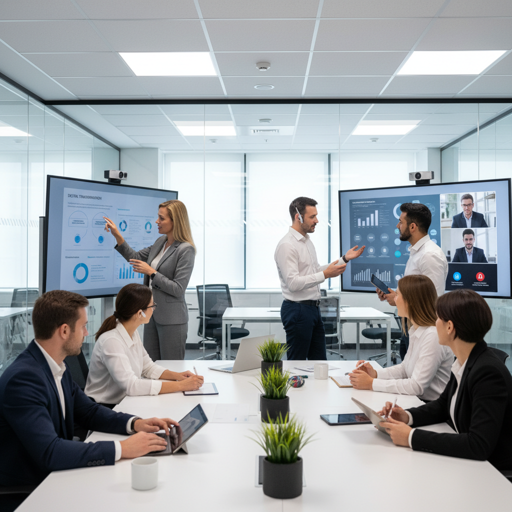 Multilingual professional on a video call in a bright international business office