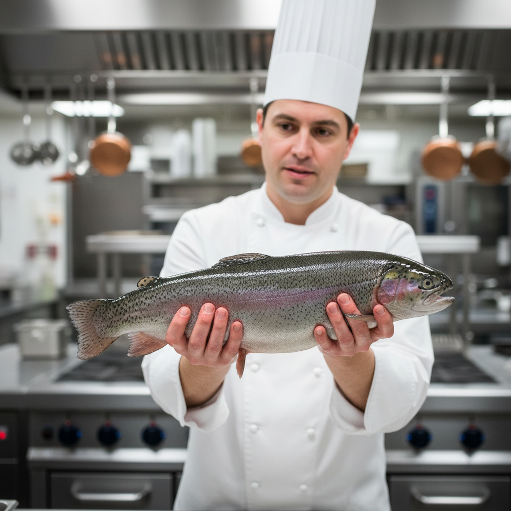 Chef in white coat holding a whole fresh trout in a restaurant kitchen