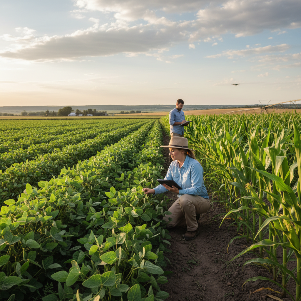 Farmer writing in a clipboard checklist in a field, overcast sky, muted green background
