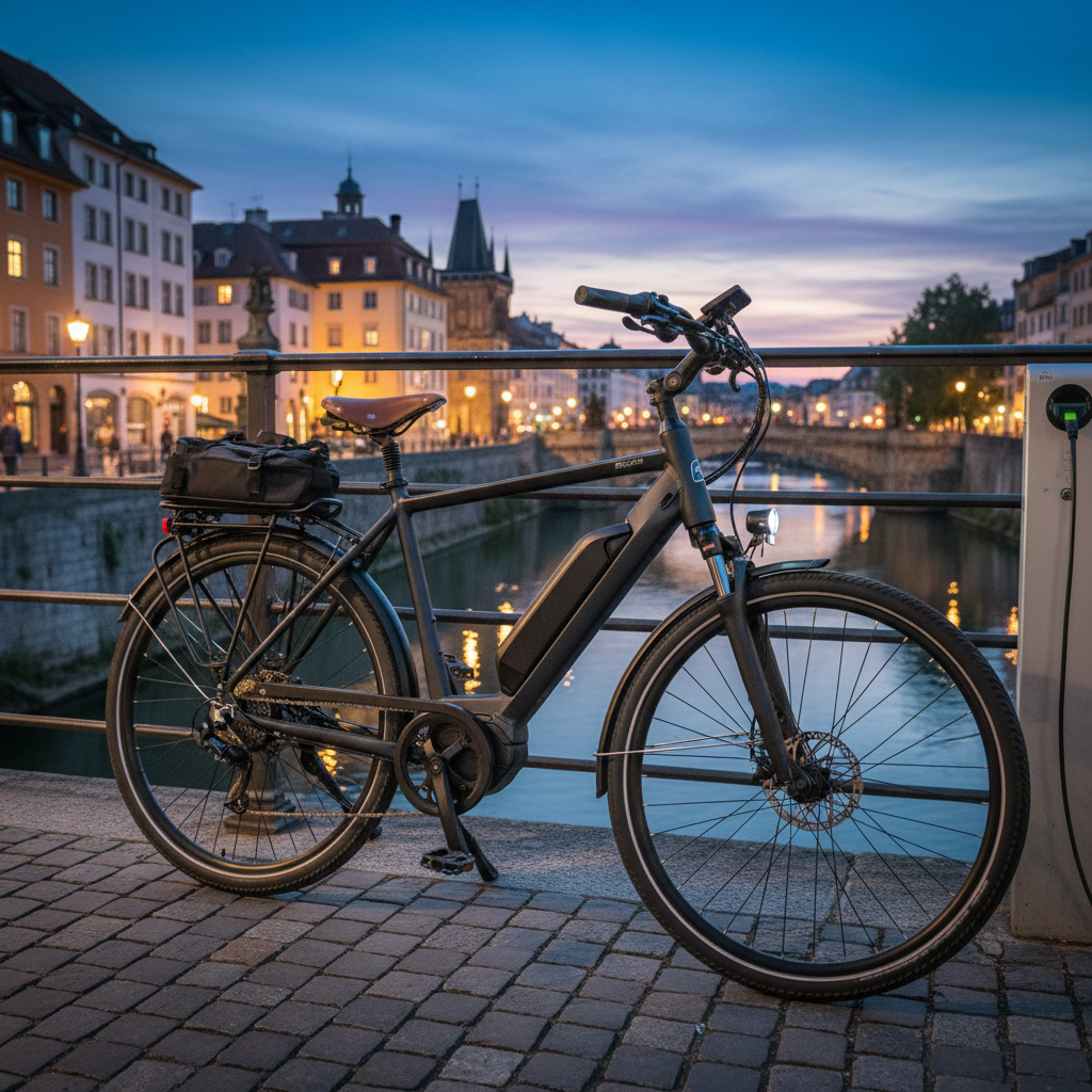 Electric bike with glowing display on modern city bridge at dusk, blue and orange ambient light