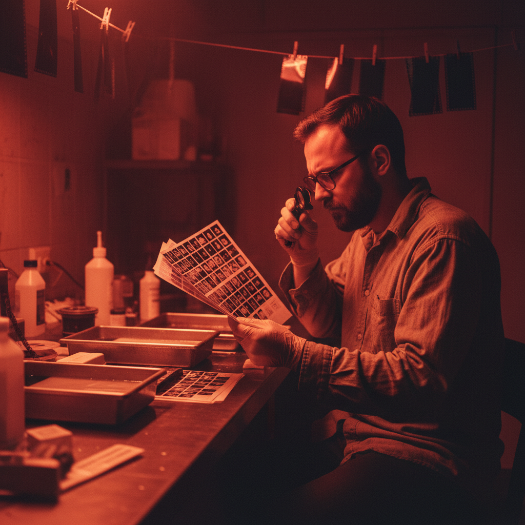 Photographer reviewing contact sheets in a darkroom
