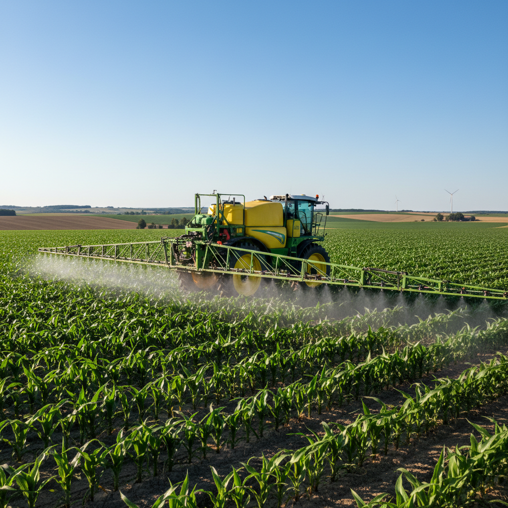 Modern battery powered agricultural sprayer in field, clean equipment, green crop background