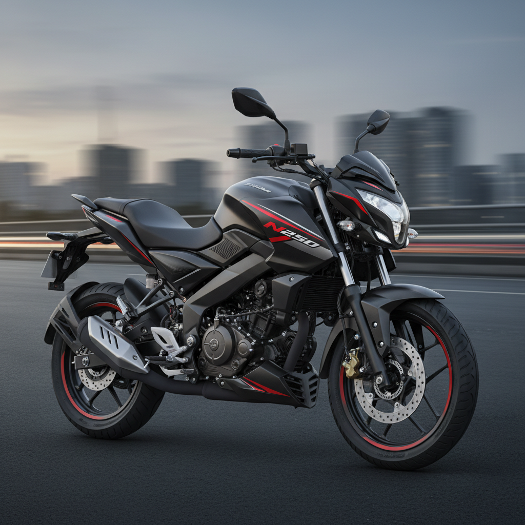Bajaj Pulsar 220F en posición deportiva con fondo oscuro dramático
