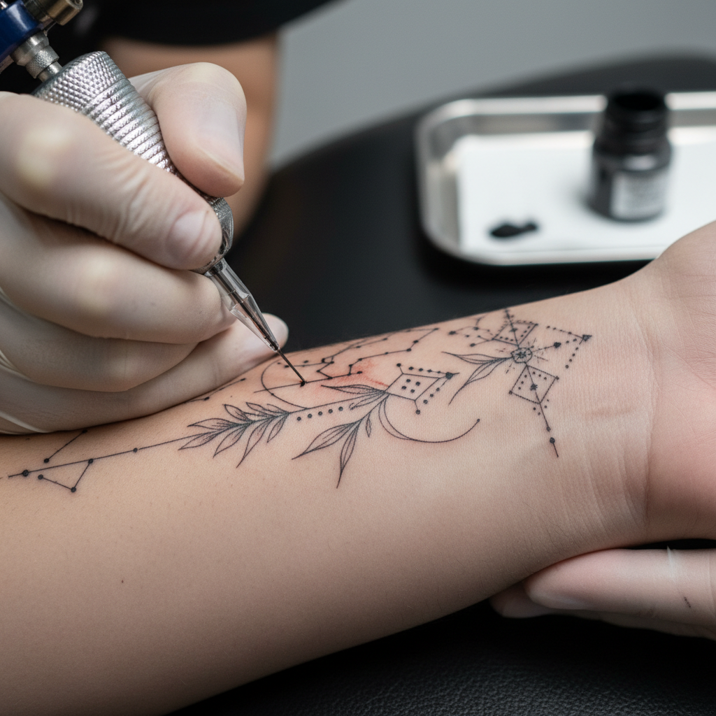 Fine line portrait tattoo on forearm, black and grey shading, professional tattoo studio, focused lighting