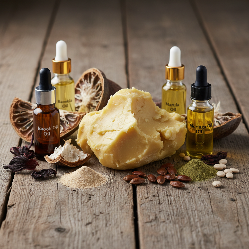 Natural African beauty ingredients including shea butter, black soap, and botanical oils