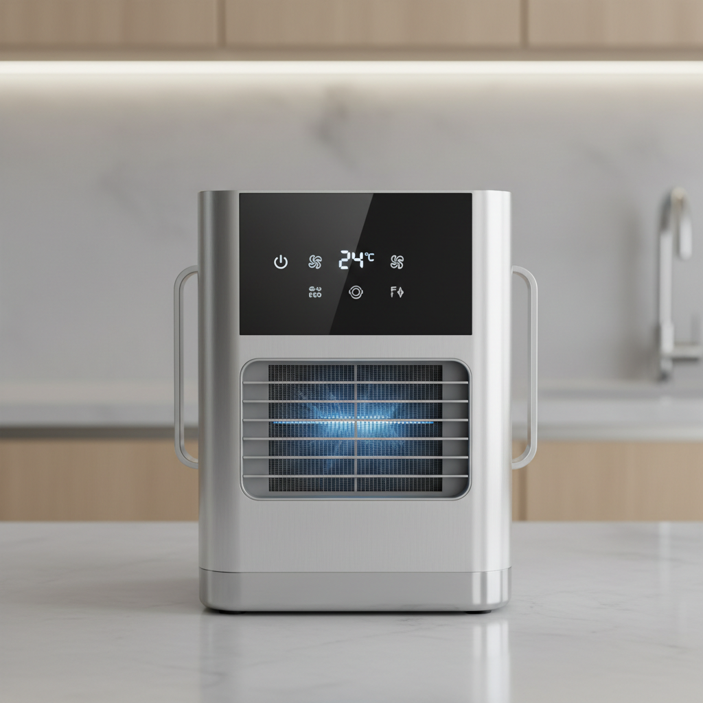 Modern portable air conditioner with digital display in a well-lit bedroom setting