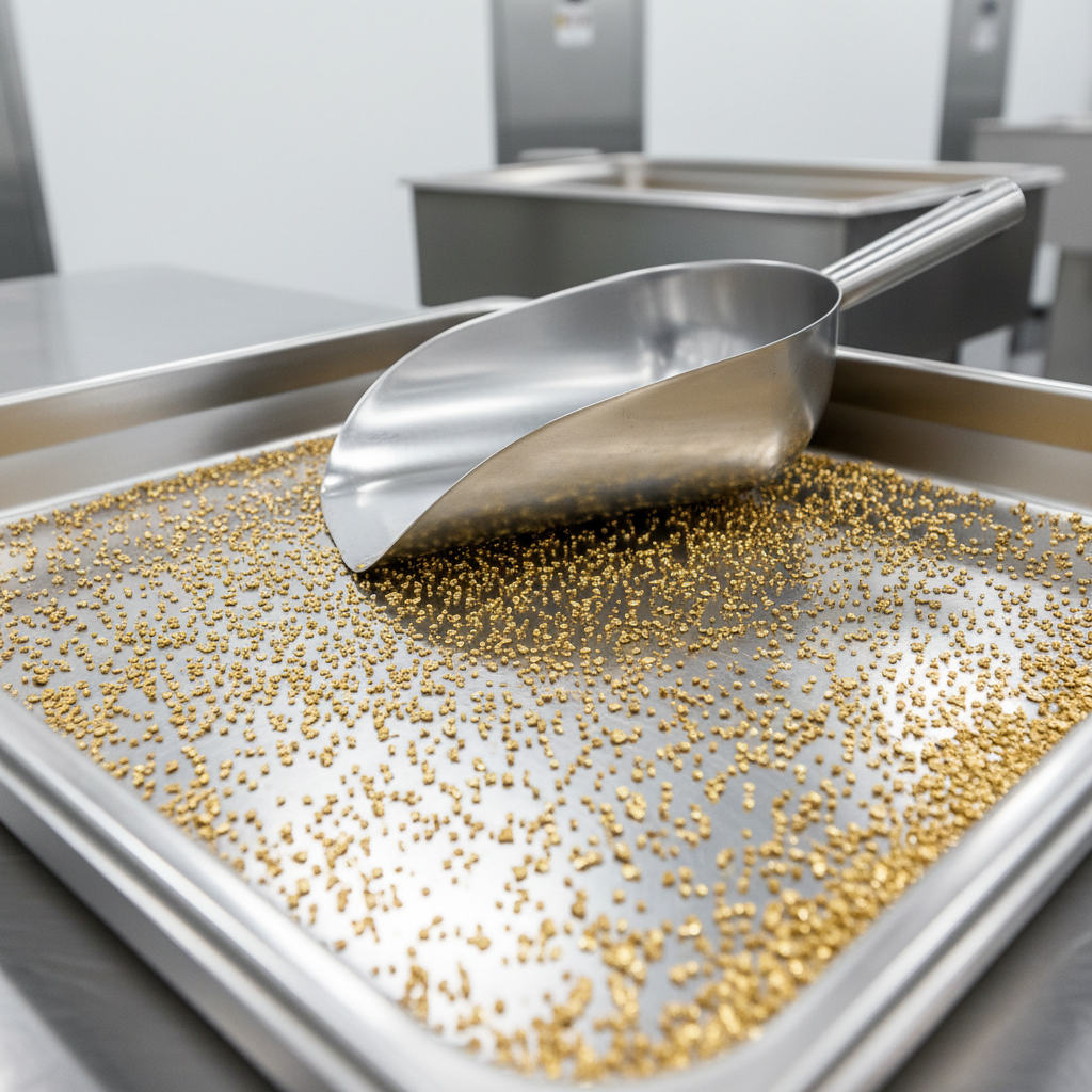 Gold dust and granules in industrial processing tray with metal scoop, dark atmospheric mining imagery