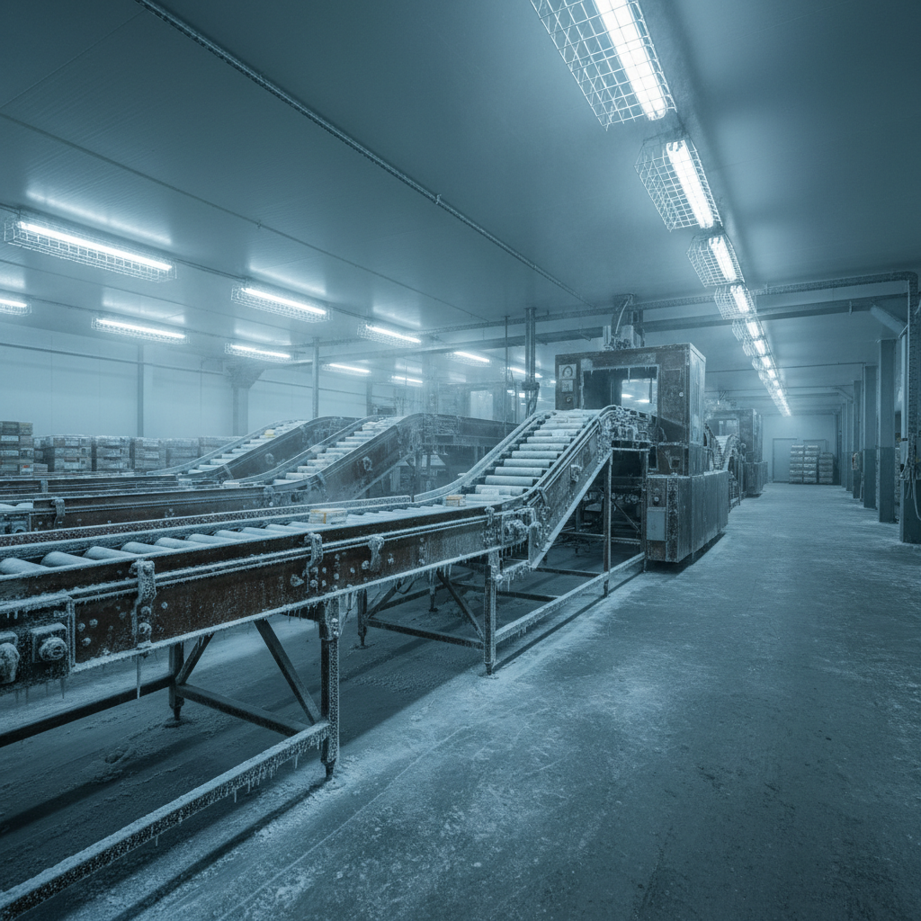 Cold storage warehouse conveyor system with frost-covered infrastructure in a freezer facility