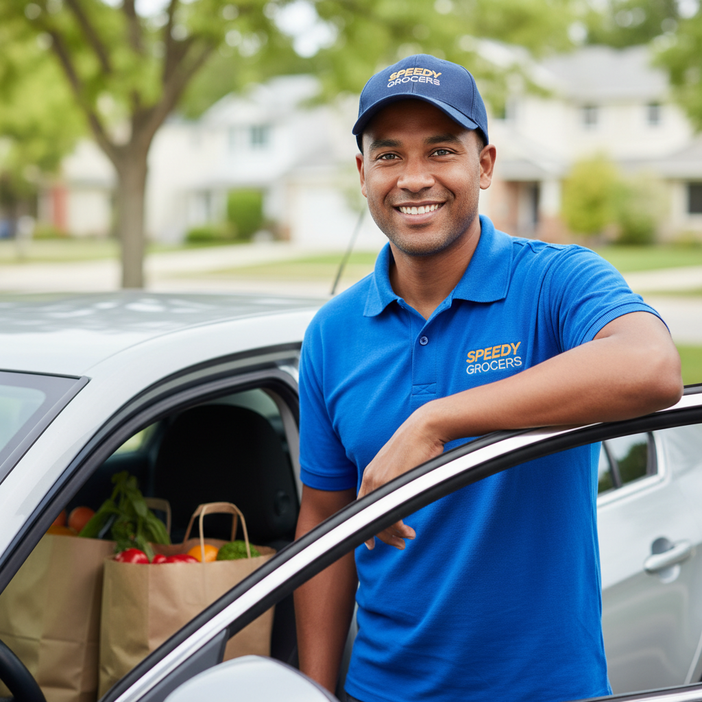 Male delivery driver leaning against a car door, grocery bags visible in the back seat, looking at the camera