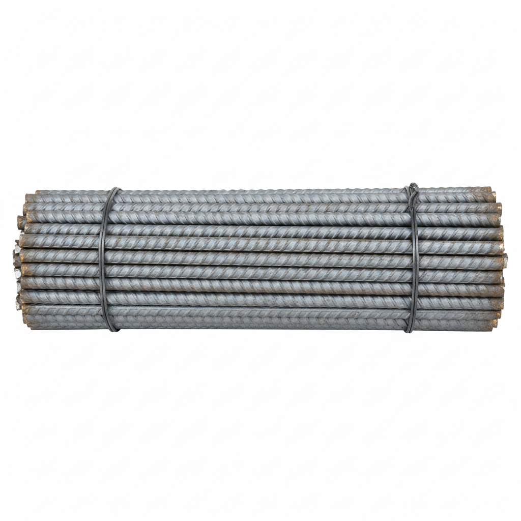 Bundle of steel TMT reinforcement bars, metallic grey, industrial